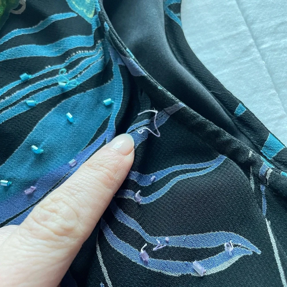 Vintage Eva Blue Dark Floral Beaded Cowl Neck Asymmetric Slip Dress 8 Fairycore - Picture 4 of 8